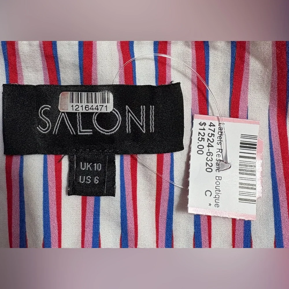 Saloni Striped Pink and White Midi Cut Out Cotton Dress Size 6 EUC - Picture 3 of 6